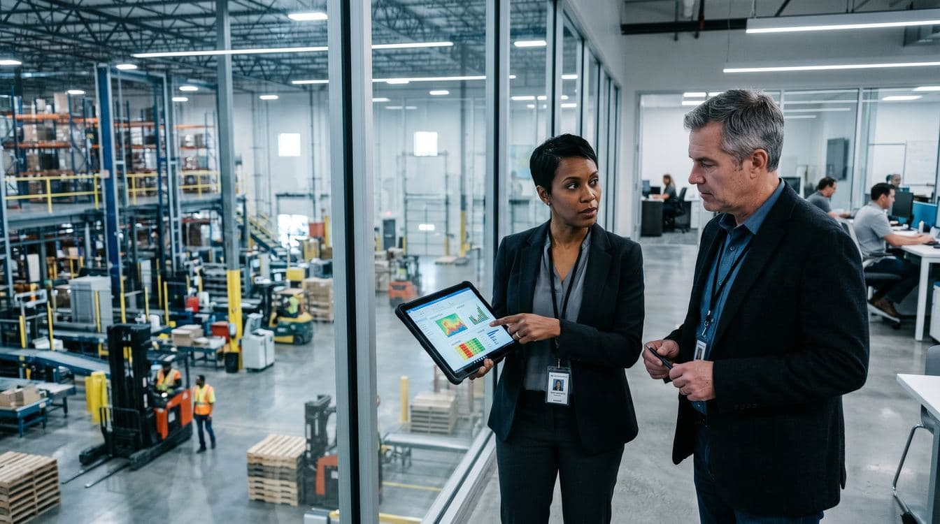Operations team reviewing AI rollout dashboards and discussing production ownership at a multi-monitor station in a contemporary mid-market operations facility