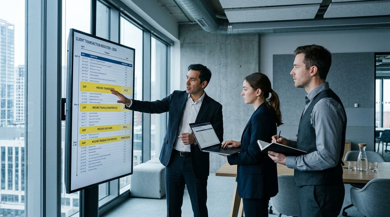 Three accountants reviewing a client's bank transaction register on a large monitor showing missing transaction date ranges highlighted in yellow during a month-end close review