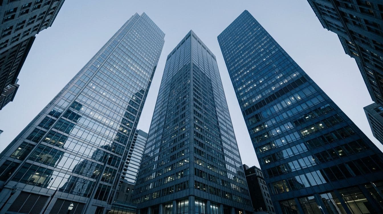 Three modern corporate glass towers in mirror symmetry representing private equity insurance brokerage consolidators
