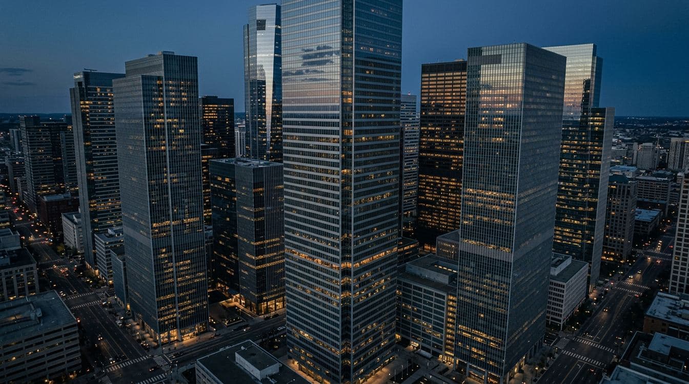 Aerial view of a U.S. financial district at dusk showing clustered glass corporate towers representing private equity insurance brokerage consolidators