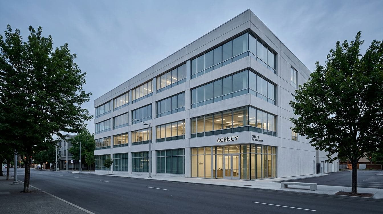 Contemporary mid-rise commercial office building representing the independent mid-market insurance brokerage at the center of the PE roll-up
