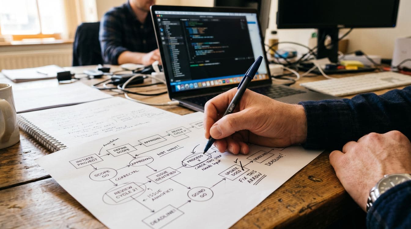 Hands marking up a printed workflow diagram with a pen on an operator desk
