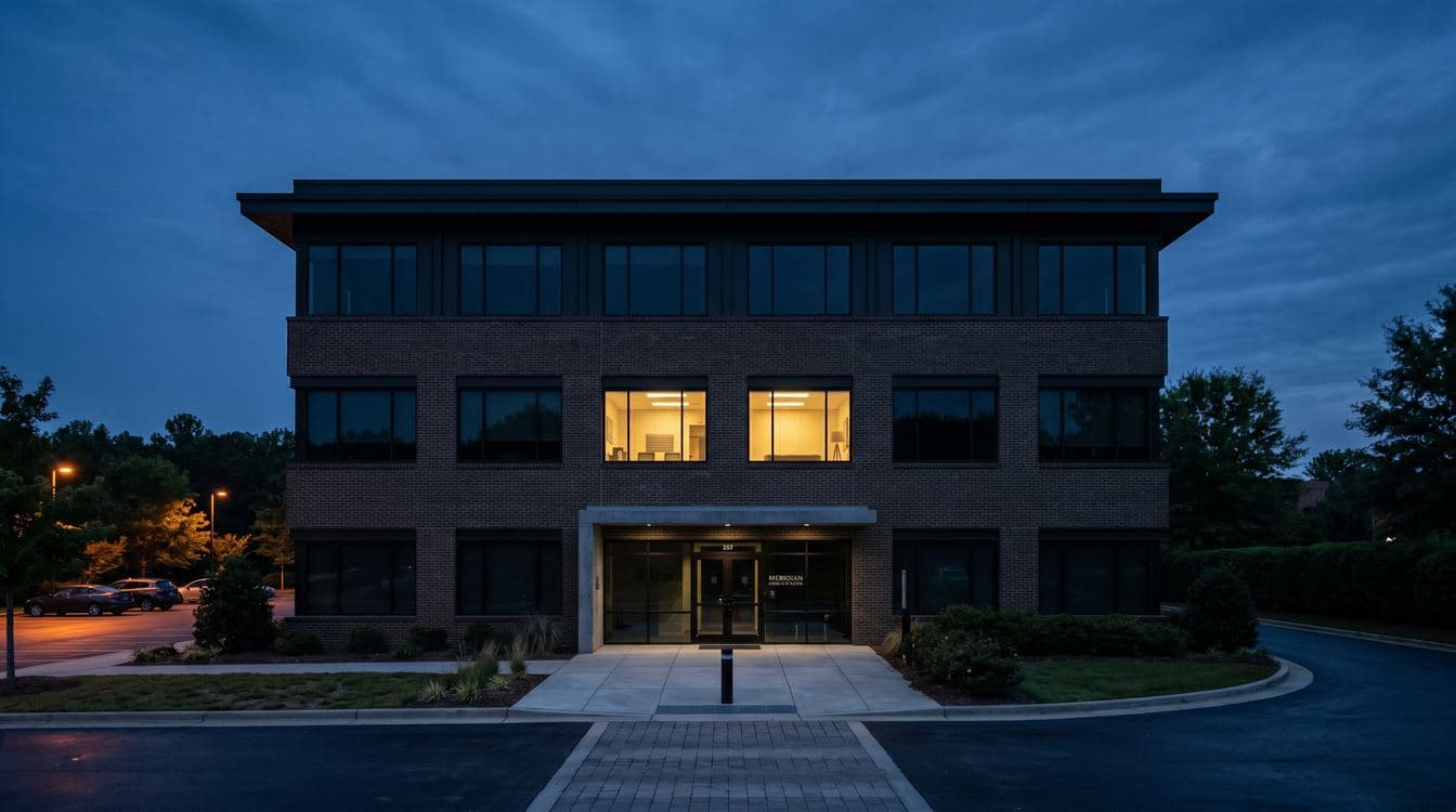 Modern three-story brick-and-glass corporate office building at dusk, two windows lit on the second floor, the kind of unassuming mid-market commercial real estate that houses a $50M business
