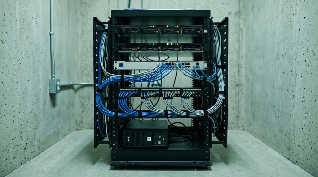 A modest server closet in a mid-market office, a single 42U rack with neat fiber bundles and a small UPS at the bottom, the actual infrastructure scale a $50M business operates at