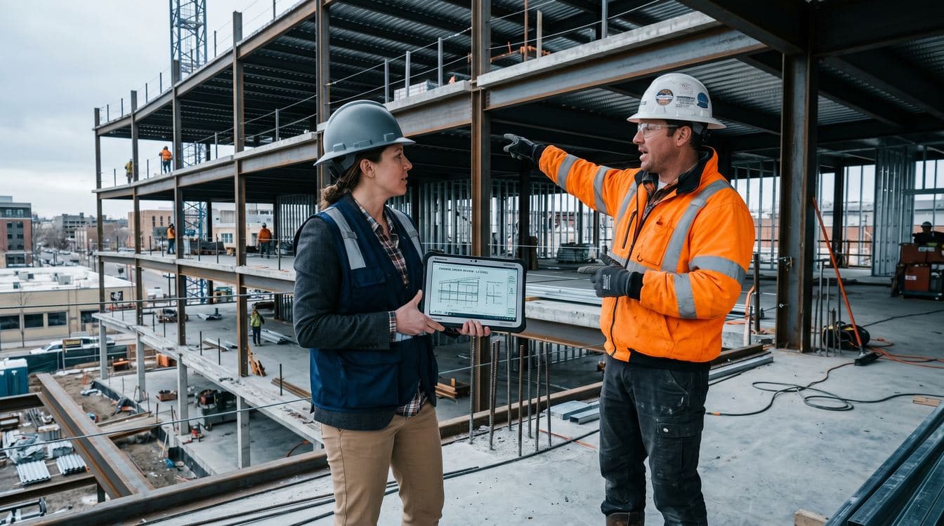 General contractor project manager and field superintendent reviewing a change condition on a mid-rise commercial construction site with the structural frame rising behind them