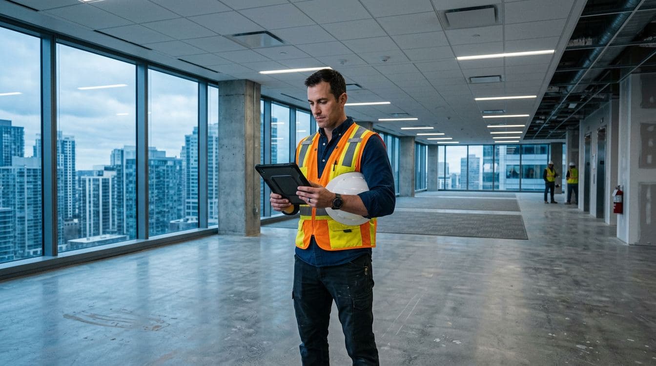 Mid-market general contractor project manager on the top floor of a newly completed commercial building reviewing a punch list on a tablet during construction project closeout