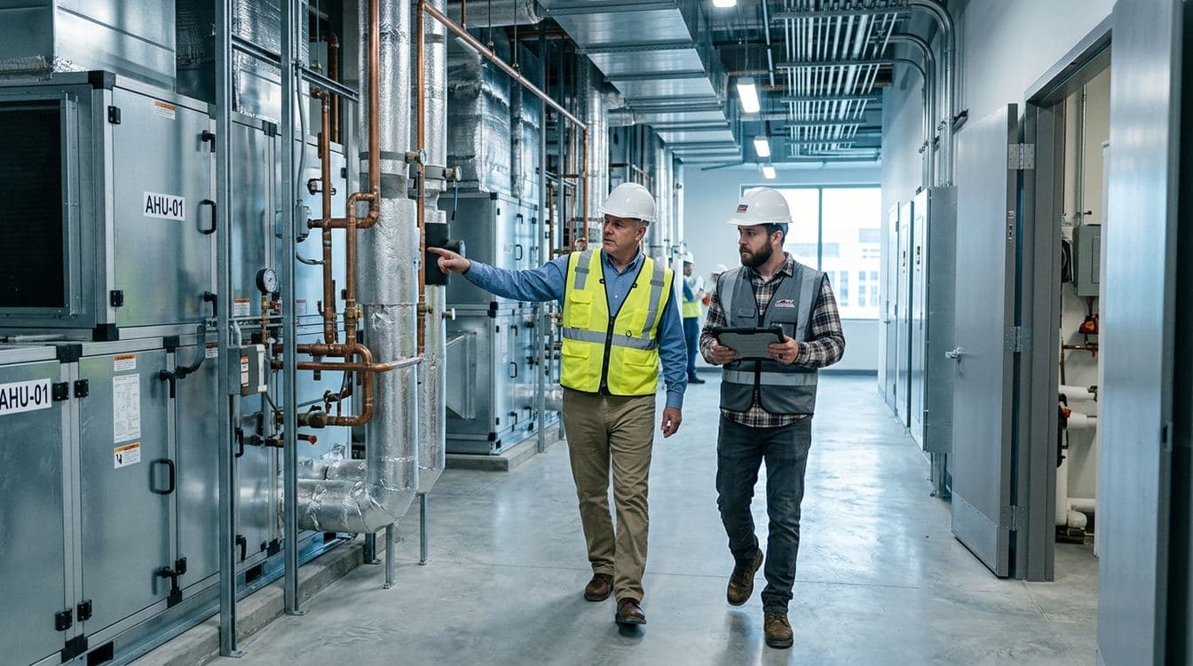 General contractor project executive and mechanical subcontractor PM reviewing newly installed HVAC equipment in a commissioned mechanical room during construction project closeout O&M coordination