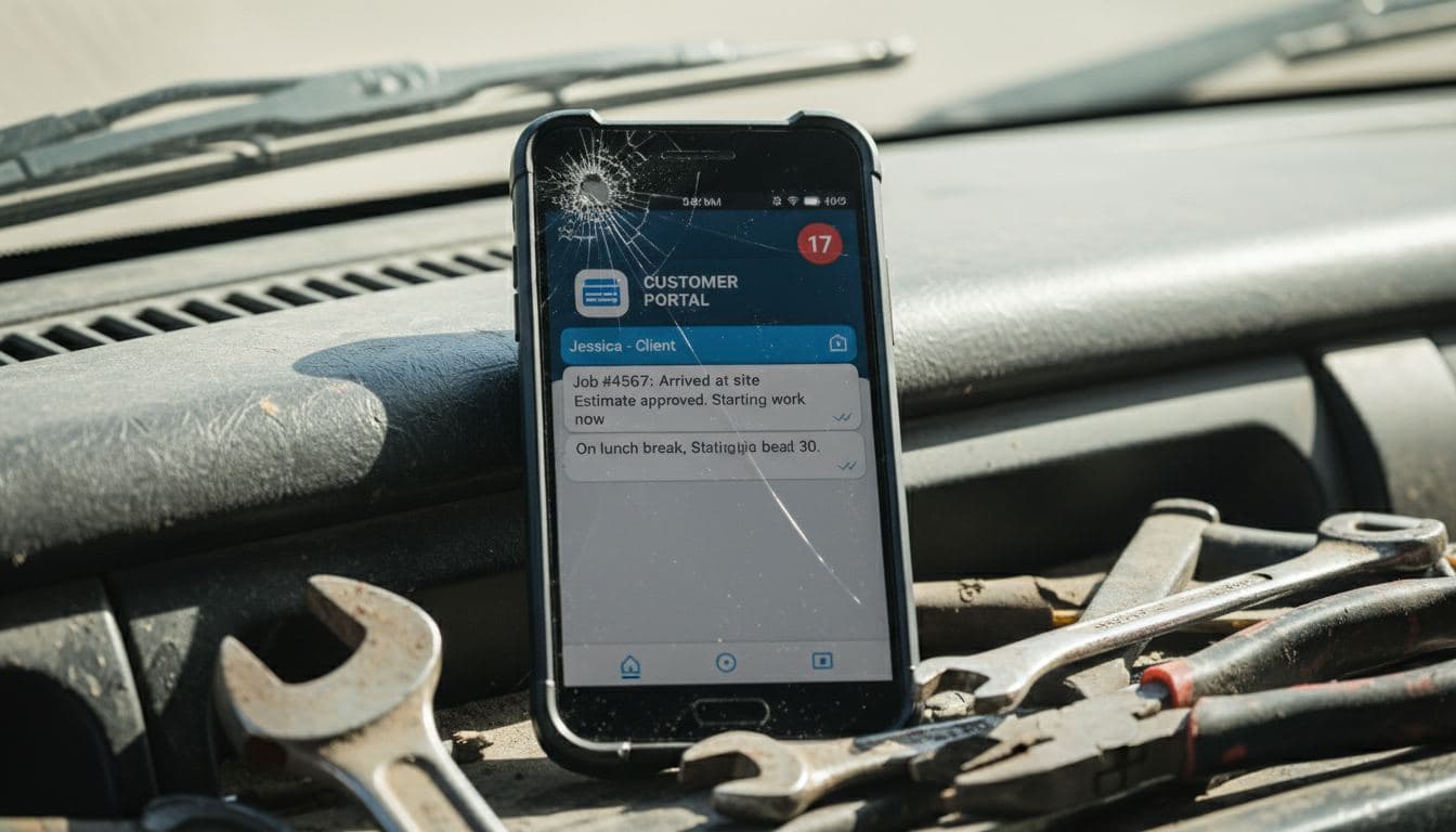 Contractor's phone on truck dashboard showing SMS job updates alongside an unread portal notification badge