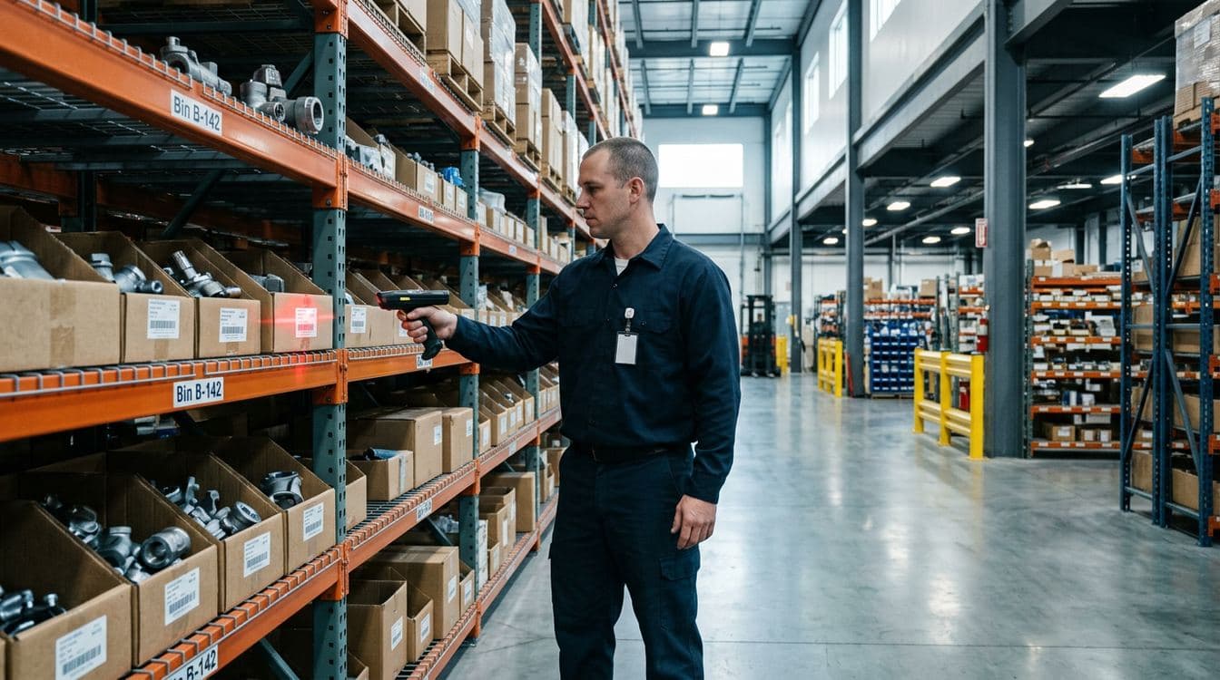 Warehouse associate scanning a bin label with a handheld barcode scanner during a daily cycle count in a mid-market distribution center