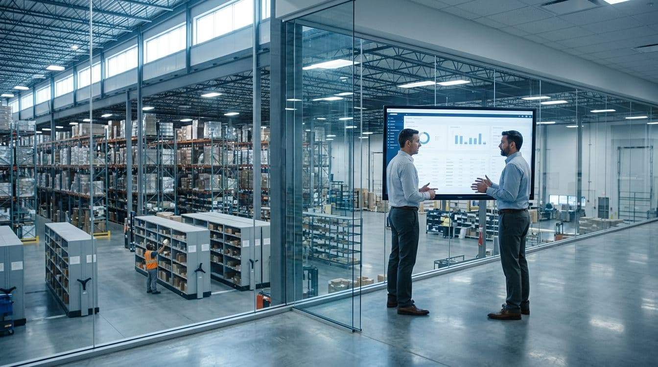 Distribution center coordination office with two operators reviewing an inventory dashboard above a pick zone visible through glass walls