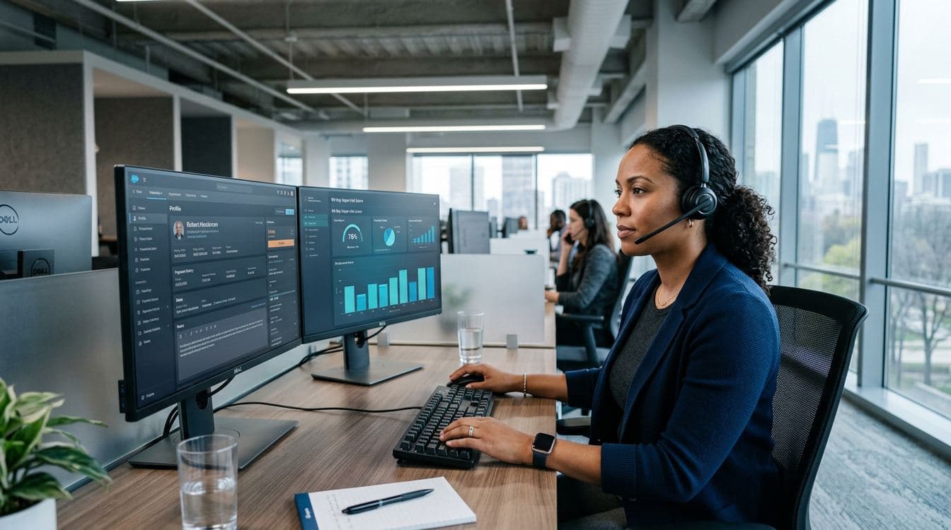 Final-expense call-center operations floor with agents reviewing policy retention dashboards on dual monitors