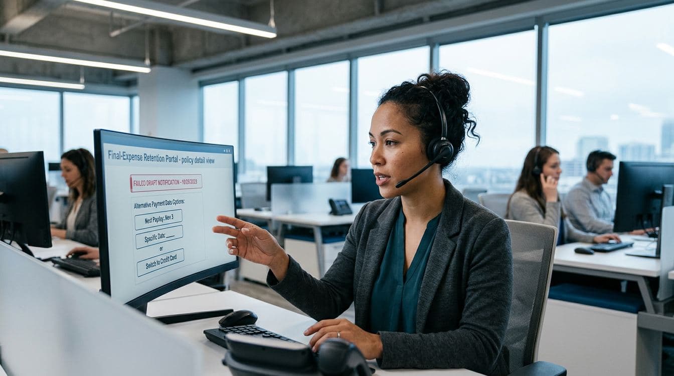 Final-expense retention specialist on a 24-hour NSF recovery call with payment options visible on screen
