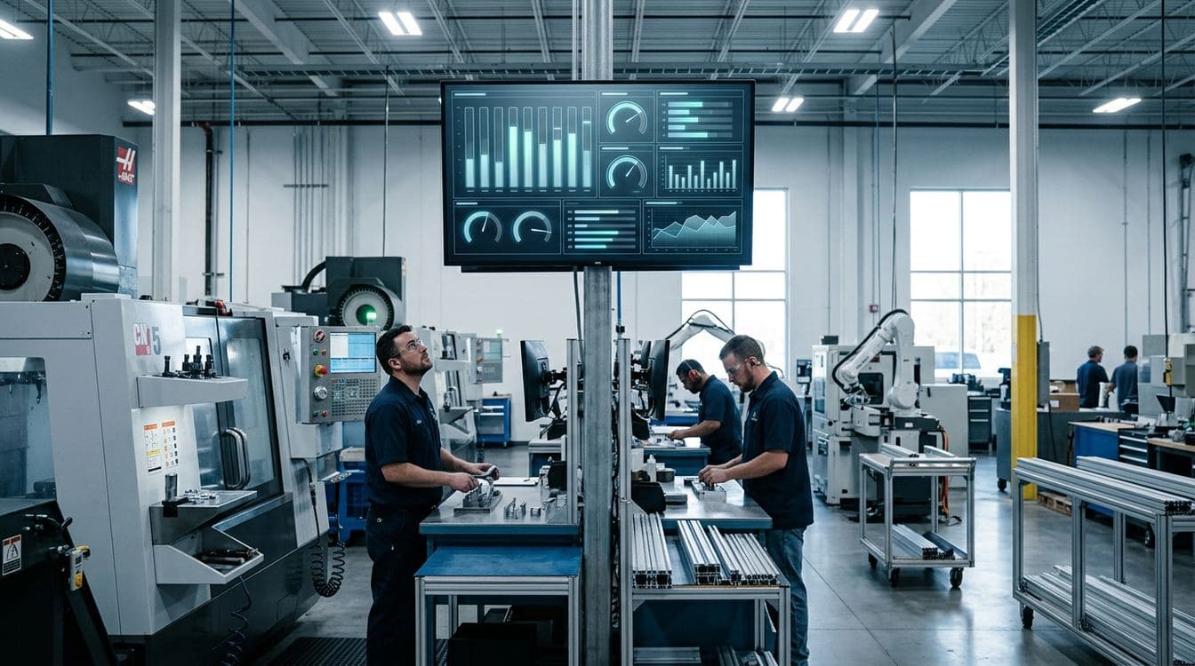 Floor-mounted andon display showing real-time scrap-by-machine and scrap-by-job metrics at a mid-market manufacturing plant, operators visible at workstations in the foreground