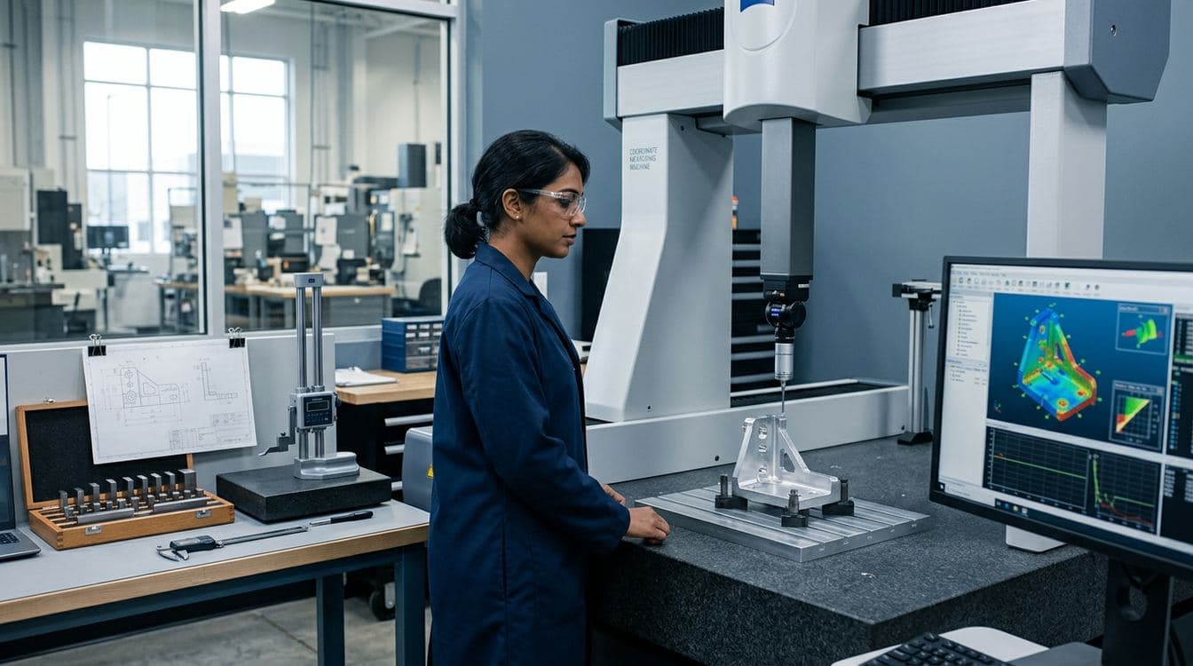 Quality technician inspecting a milled aluminum bracket on a coordinate measuring machine inside a mid-market discrete manufacturing facility, granite surface plate and digital readout visible
