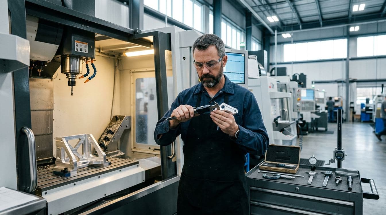 Machinist in PPE checking a fixtured part at a modern vertical machining center on the shop floor of a mid-market manufacturer, sharp focus throughout the frame