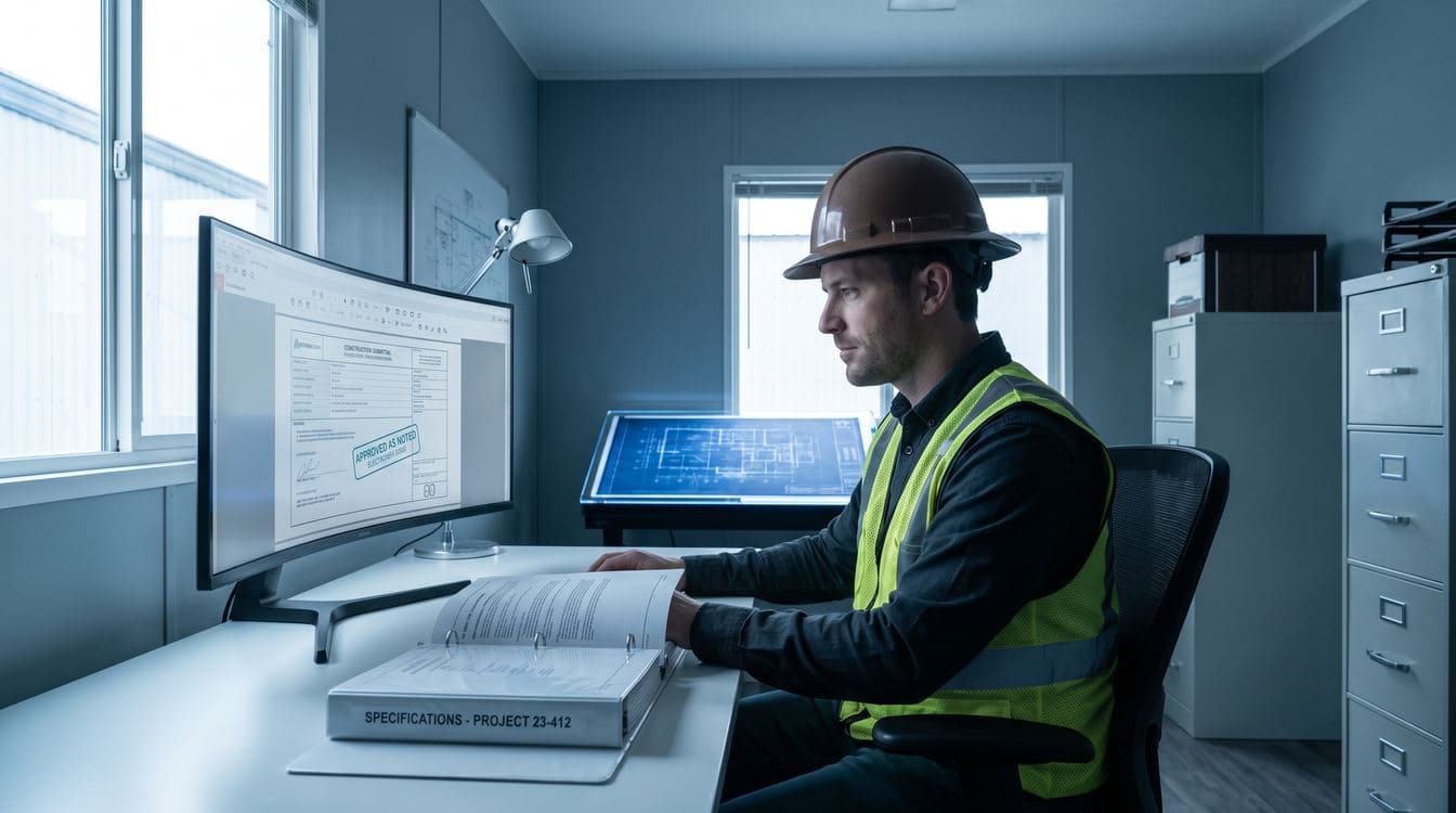 Construction project engineer reviewing a stamped shop drawing submittal package on a monitor at a job site trailer desk