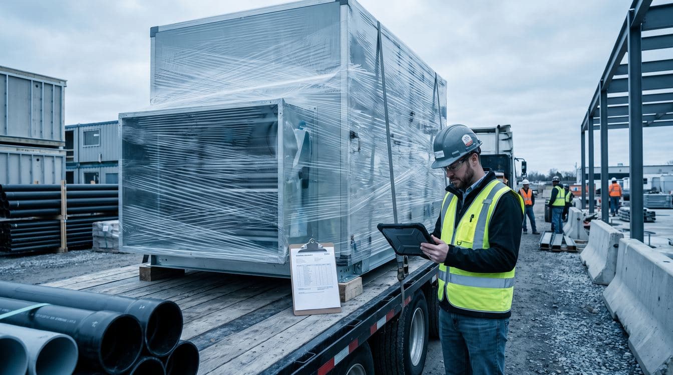 Crated custom air handling unit waiting in a construction staging yard while a project engineer checks the shipping manifest against submittal approval status