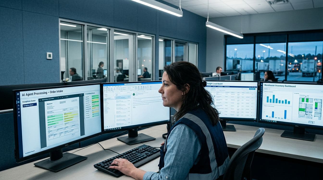 Distribution operations dispatcher at a four-monitor console reviewing AI agent output against incoming PDF orders and email threads in a modern logistics control room