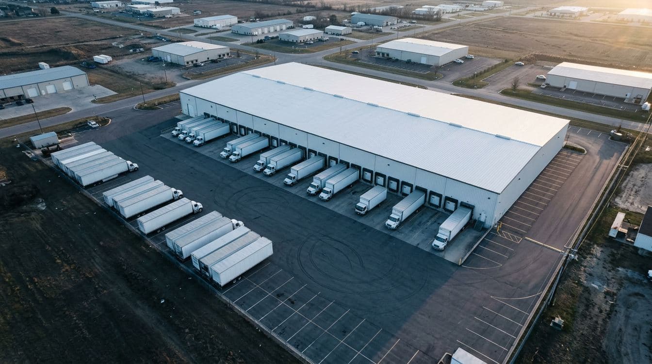 Aerial view of a mid-market wholesale distribution center complex at dawn with loading docks, trailer staging yard, and surrounding industrial landscape