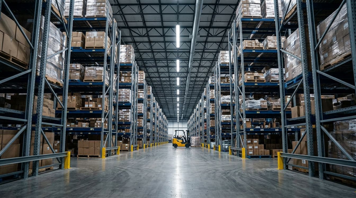 Wholesale distribution warehouse aisle at dawn with stacked pallet racks, forklift in motion, and overhead industrial lighting filtering through skylights