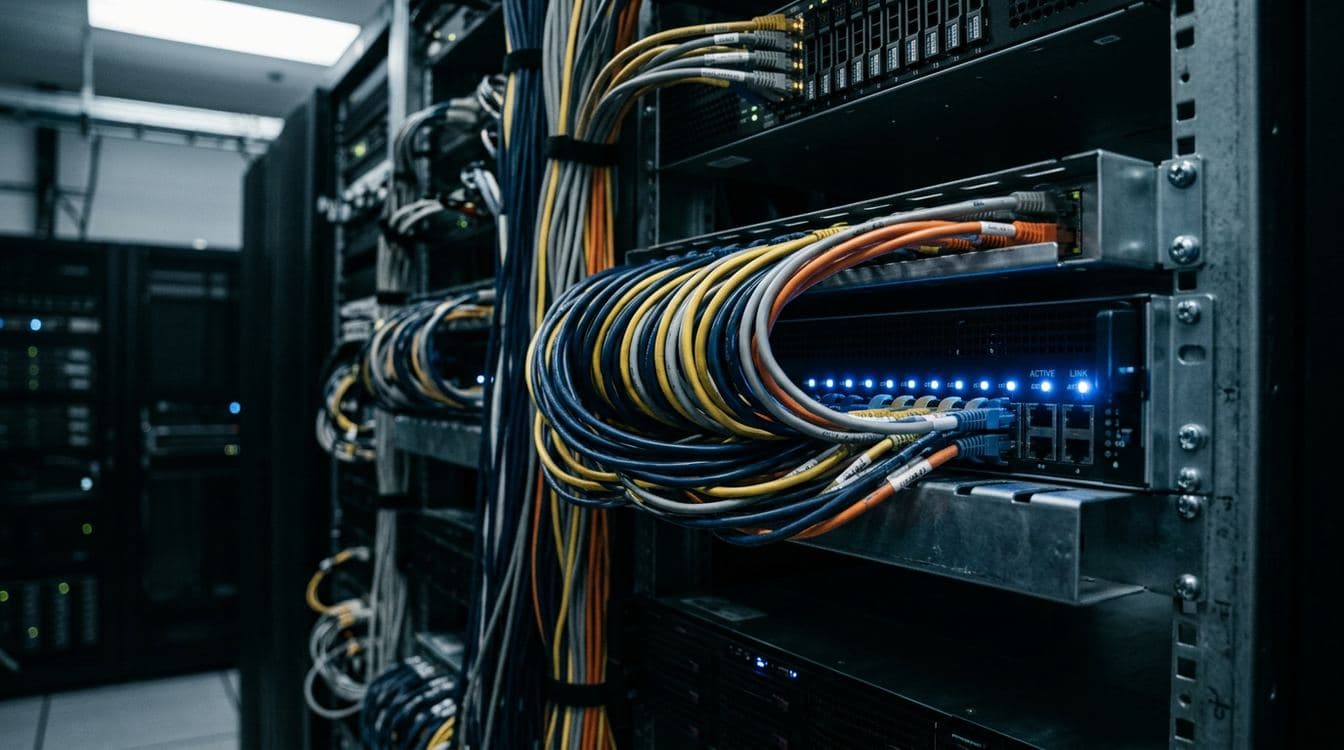 Close-up of network infrastructure and server racks inside a mid-market wholesale distributor's data closet, cool blue LED status indicators