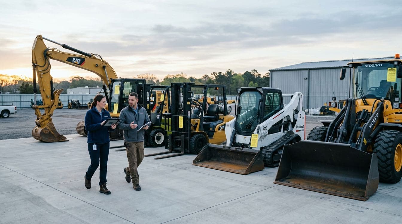 Specialty industrial equipment lined up on a finance company's remarketing yard at first light, with inspection tags visible on the units