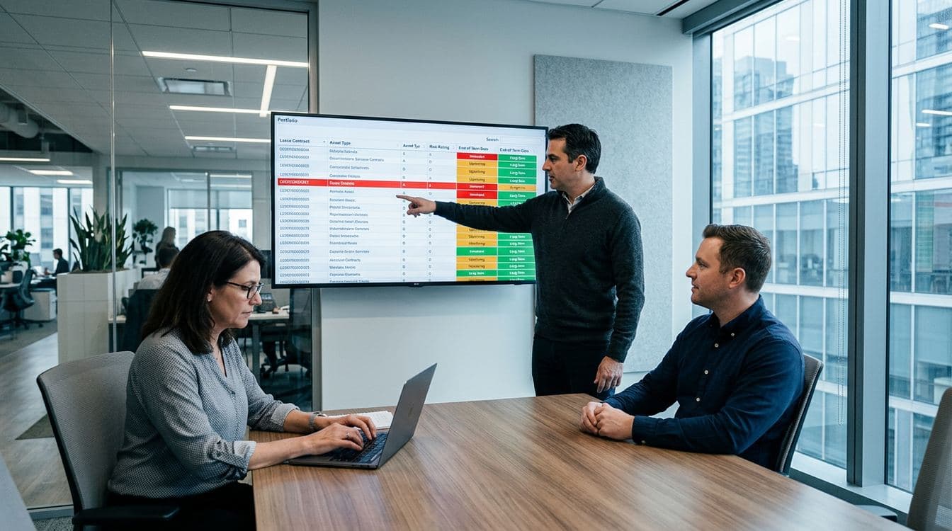 End-of-term decision review meeting at a mid-market equipment finance firm with portfolio dashboard visible