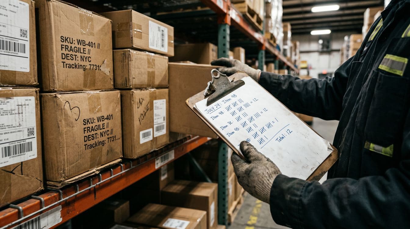 Warehouse worker hand holding clipboard with tally marks next to shelves of cardboard boxes in distribution center aisle