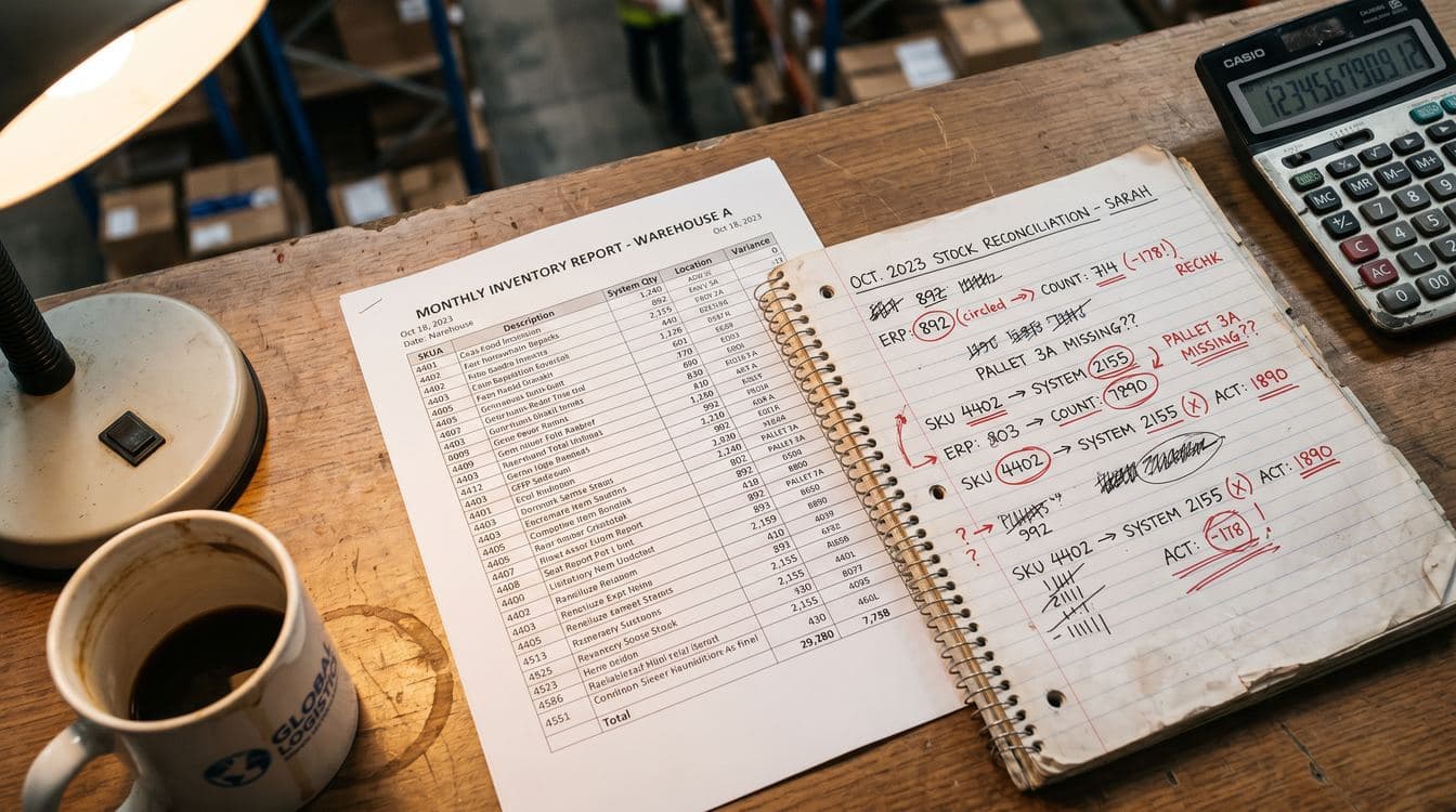 Warehouse desk with printed ERP inventory report next to handwritten notebook with different numbers circled in red pen