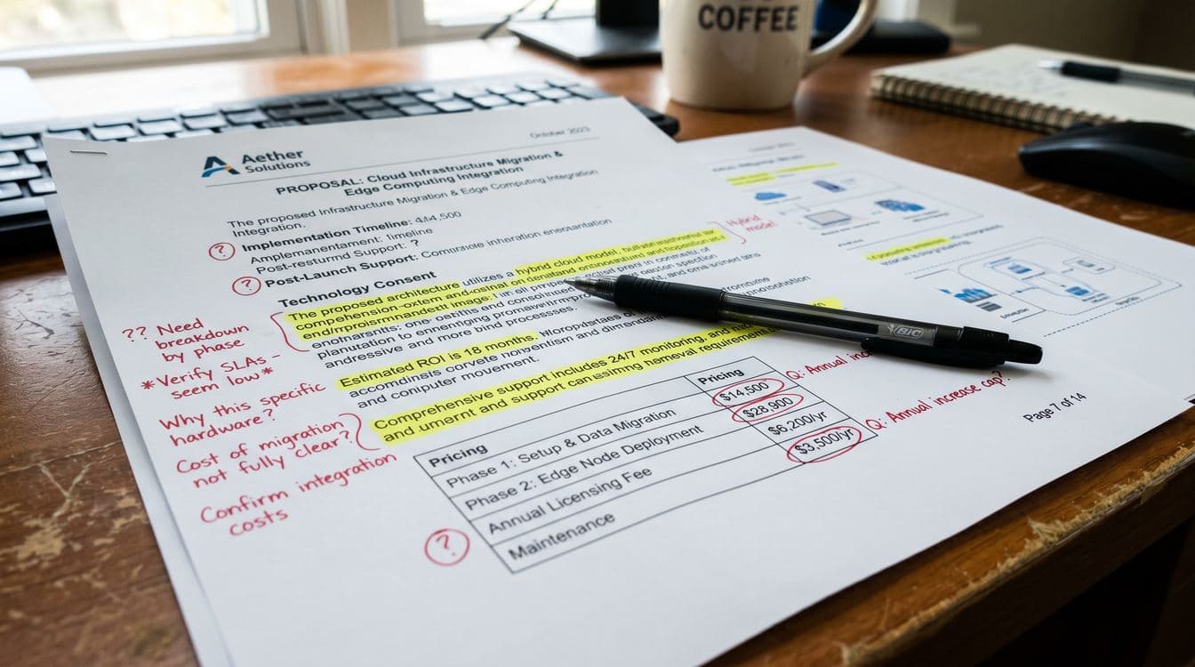 Printed AI vendor proposal on a desk with sections highlighted in yellow and red pen annotations in the margins