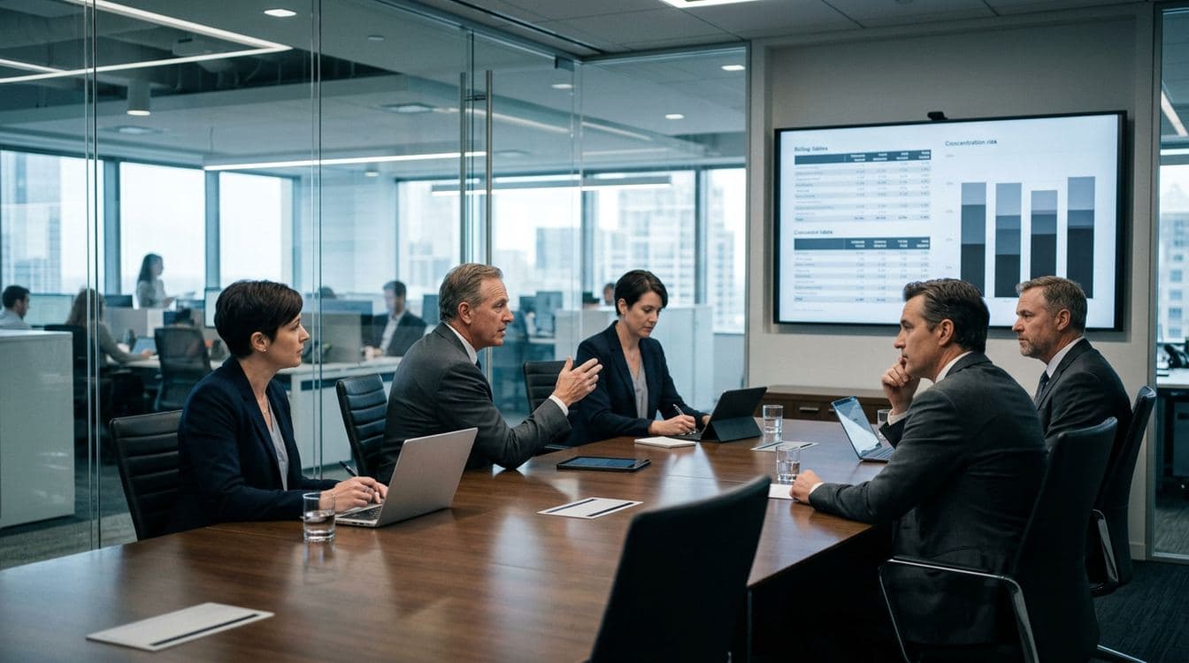 Credit committee meeting in progress at a mid-market commercial finance firm reviewing factoring concentration risk metrics on a wall display