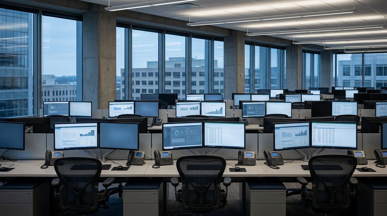 Modern commercial finance back office with workstations and dual monitors at a mid-market factoring firm running concentration risk reporting