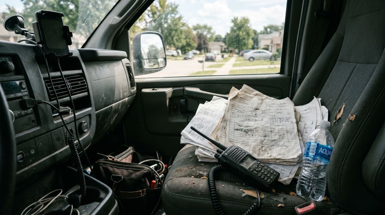 Close-up of a service van dashboard with a stack of crumpled work orders and a two-way radio on the passenger seat