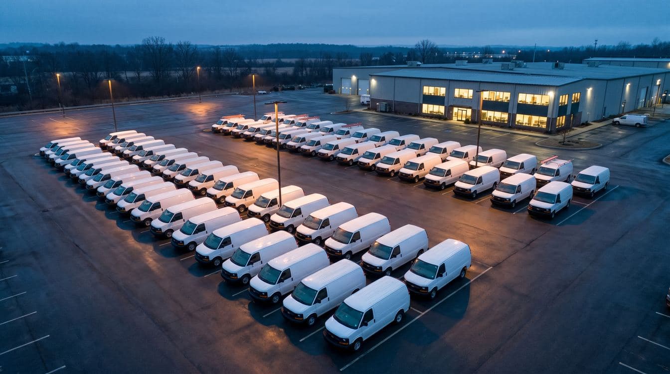 Mid-market HVAC field service depot at dawn with branded service vans staged for the morning dispatch routes
