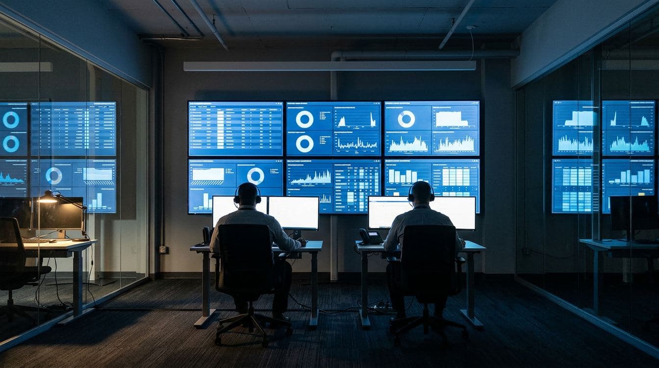 Network operations center with rows of monitors showing call queue dashboards and live agent metrics under cool overhead lighting