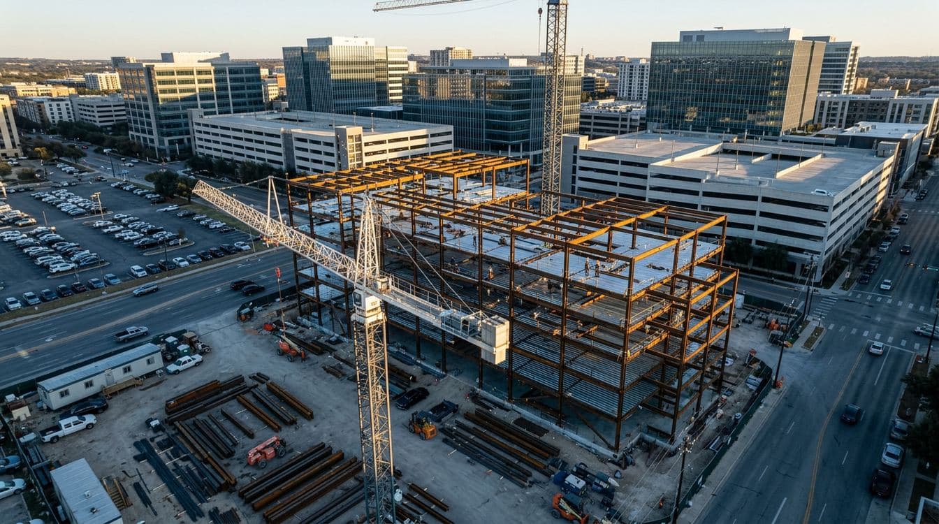 Aerial view of a steel-frame commercial mid-rise under construction in a Sun Belt city with tower crane and laydown yard at golden hour