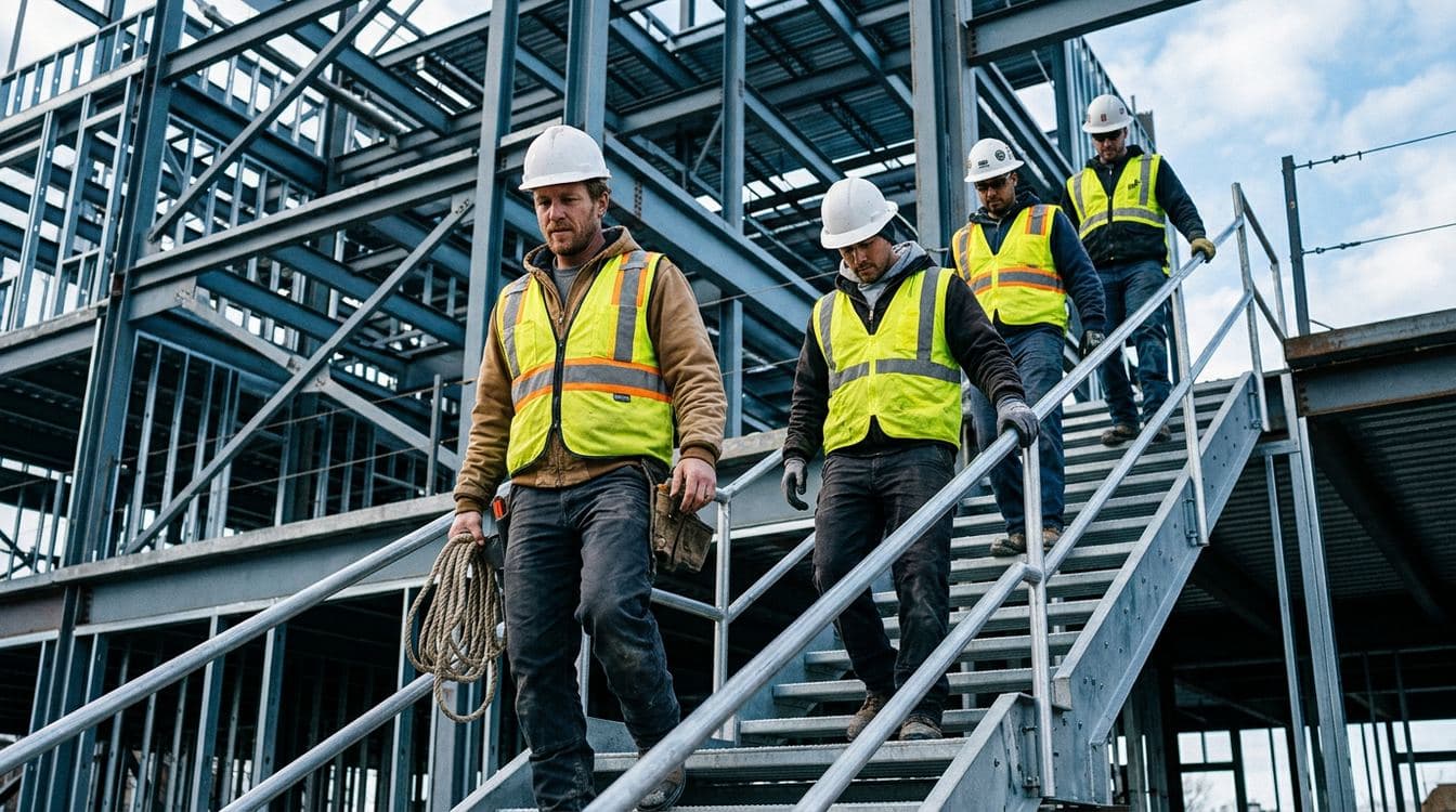 Union ironworker crew descending from a steel-frame commercial mid-rise project at end of shift in modern PPE