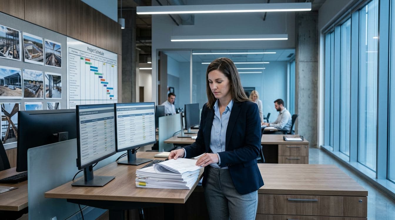 Project accountant at a modern construction office reviewing a pay-app dashboard with stacked subcontractor waiver packets and a state-form checklist on a second monitor