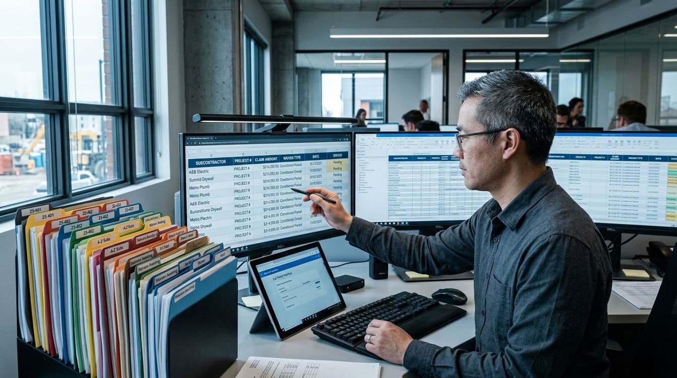 Mid-market commercial GC project accountant working through a stack of subcontractor lien waiver packets at a multi-monitor workstation with a pay application aging dashboard