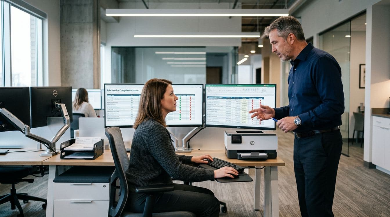 Mid-market construction office with an AP coordinator and project accountant reviewing an ERP payment-gate dashboard showing subcontractor lien waiver status and automated reminder cadence