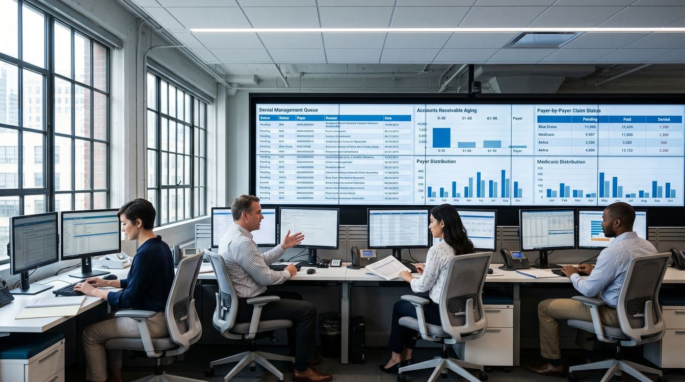 Cool-toned RCM operations control room with a denial management dashboard visible on wall-mounted displays, evoking modern healthcare admin AI infrastructure
