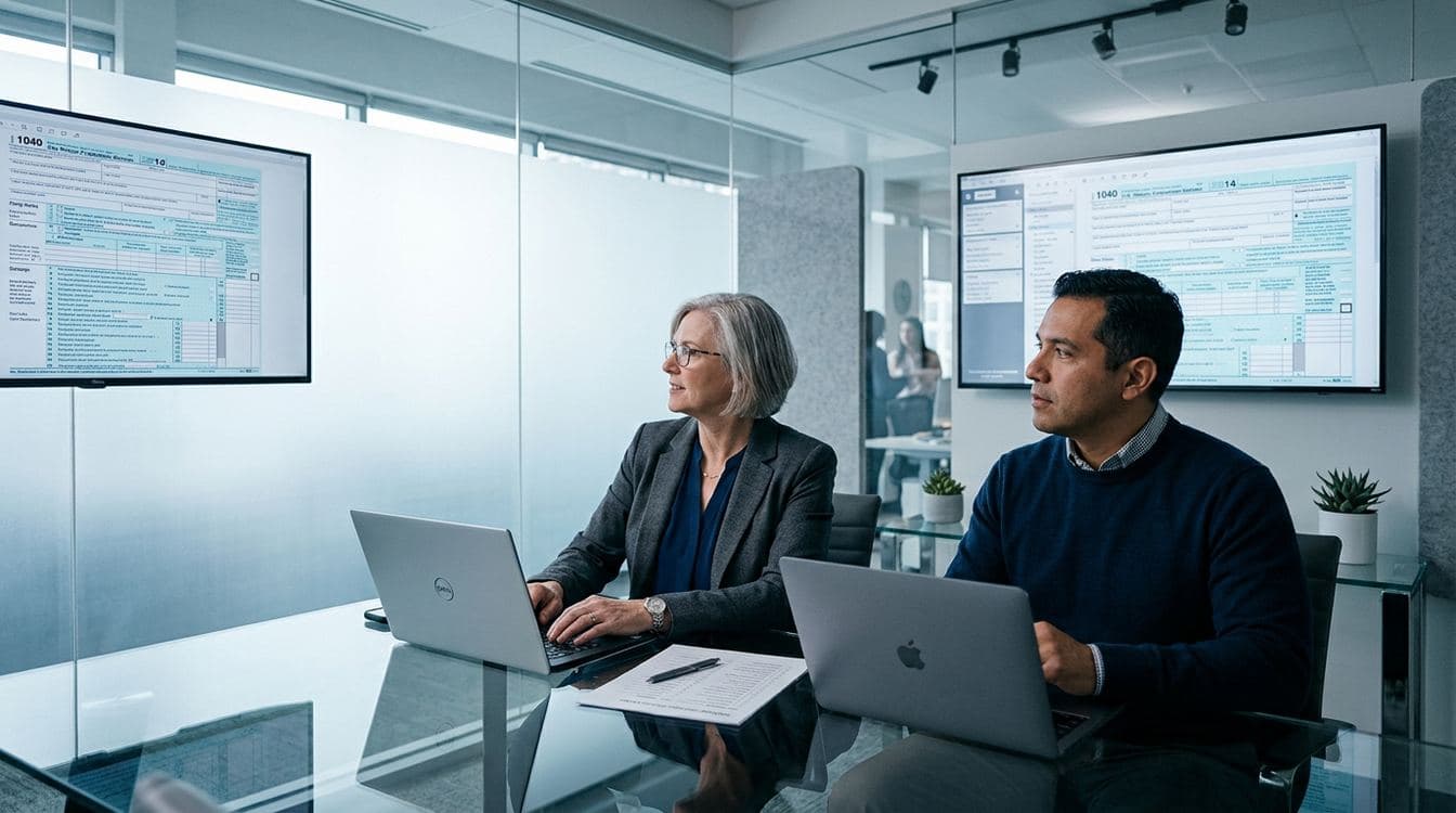 Two CPA firm professionals doing a brief workflow calibration session in a modern small conference room