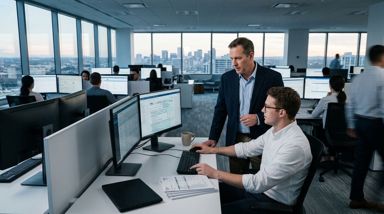Senior CPA reviewer in business-casual attire standing beside a junior preparer at a dual-monitor workstation in a modern open-plan firm interior during late-afternoon tax season