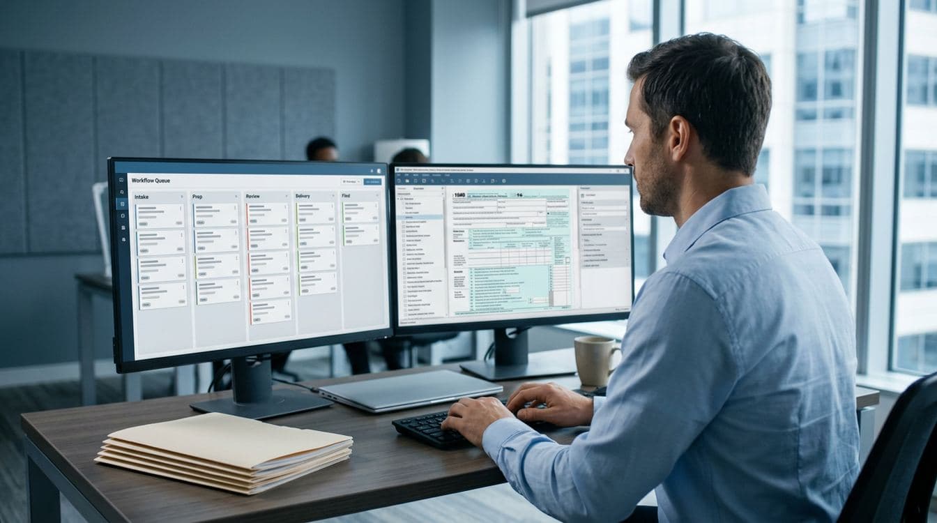 Tax preparer at a dual-monitor workstation reviewing a return alongside a workflow queue showing 1040 cycle time stages