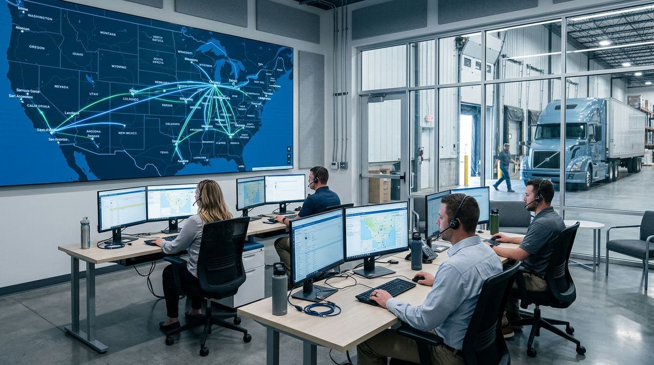 Mid-market 3PL operations floor with dispatchers at workstations and a large lane map on the wall showing origin-destination pairs across the US
