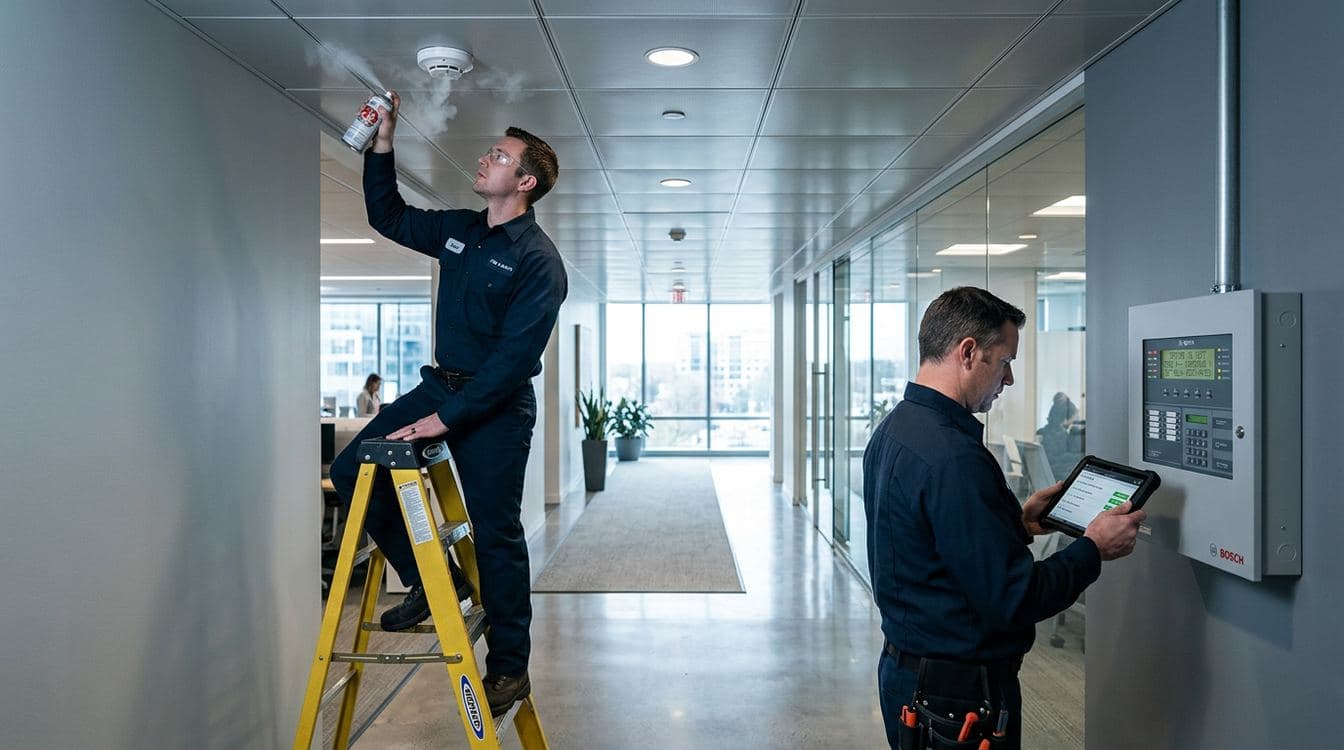 Fire protection technicians performing an NFPA 72 annual functional test on a ceiling-mounted smoke detector and fire alarm control panel