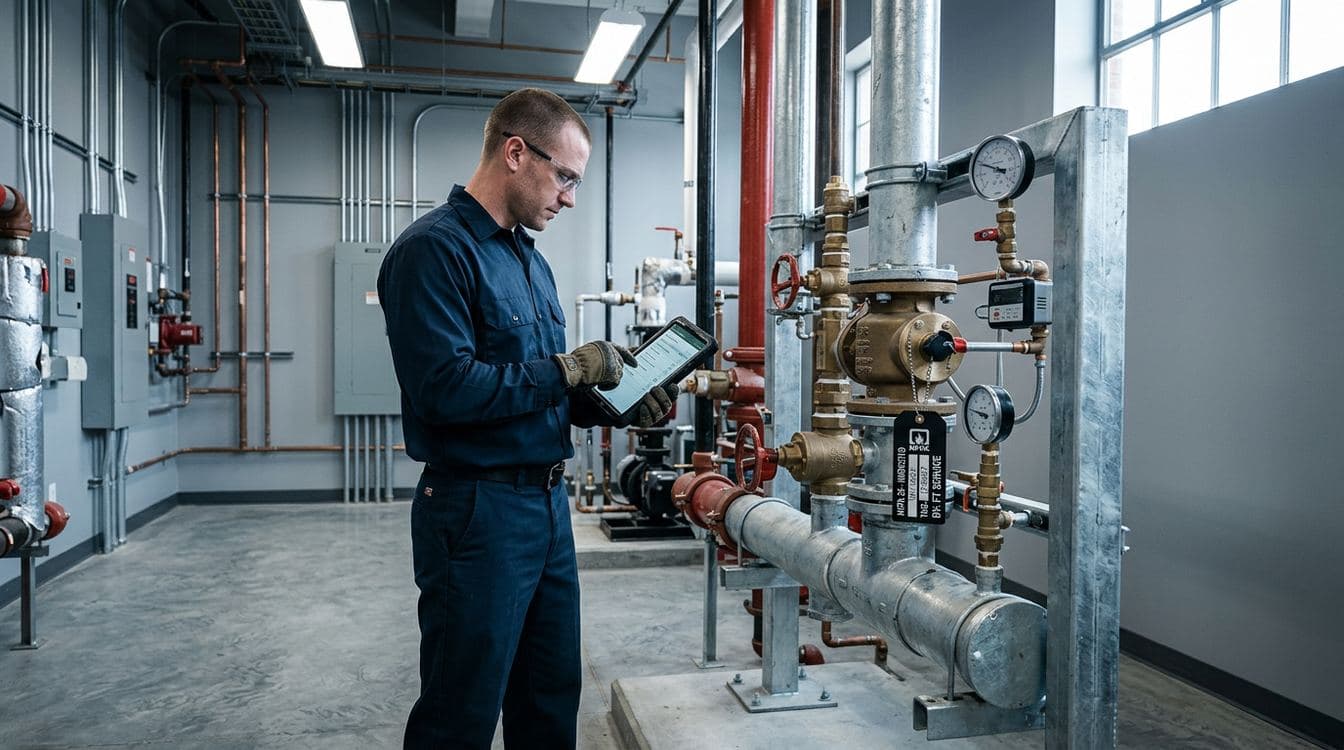Fire protection technician scanning a sprinkler riser barcode tag during an NFPA 25 annual inspection in a commercial mechanical room
