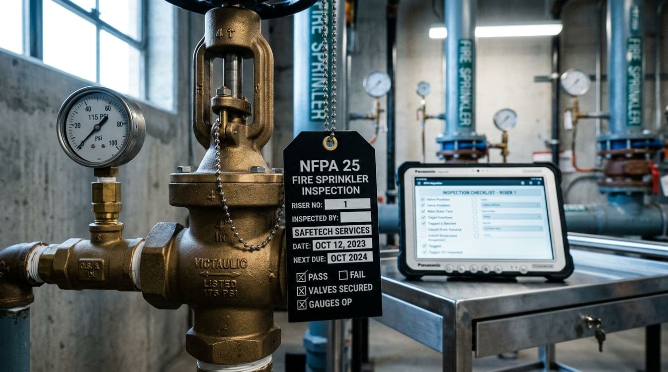 Macro shot of a brass fire sprinkler control valve assembly with an NFPA inspection tag during a fire protection annual inspection