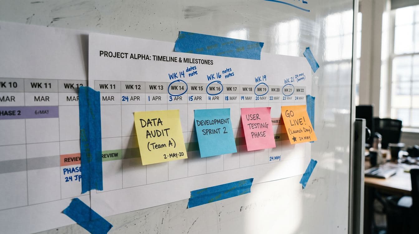 Printed project timeline taped to a whiteboard with handwritten week markers and sticky notes labeled data audit and go live