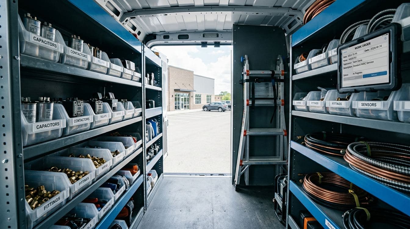 HVAC service truck interior showing organized labeled parts bins, calibrated tools, and a digital tablet with a route schedule mounted on the bulkhead, midday natural light through open rear doors, commercial property visible in background